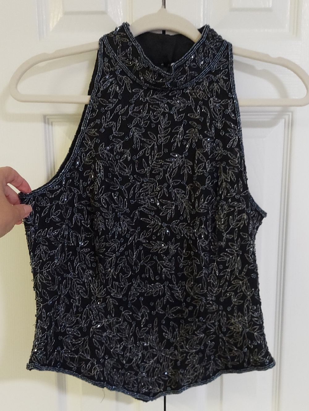 Papell Boutique Top, Size Large Petite, Black & Slate Blue Beadwork